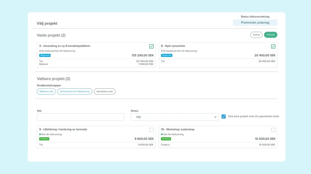 Samla projekten på en faktura