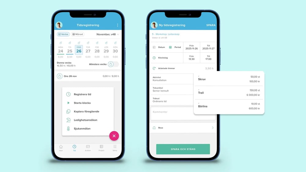 Rapportera tid och material i projekt