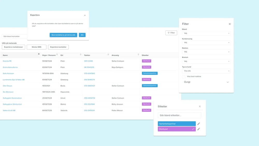 Kundregister med etiketter och filter
